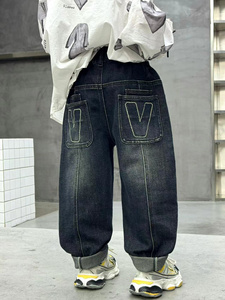 Pantalon en denim à poches brodées pour garçons, coupe droite et ample, avec ceinture élastique, style décontracté pour adolescents, confort en toutes saisons, - Product Image 2