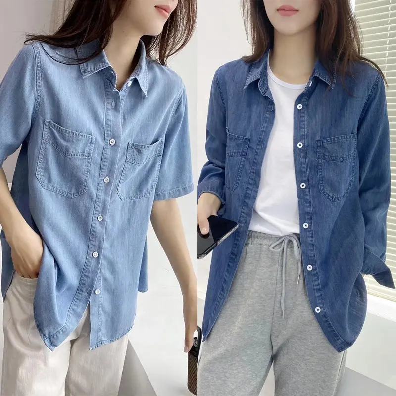 Womens Boyfriend Jeans Shirts Denim Blouses Cowboy Tunic Tops Korean Summer Spring Cardigan Jacket Western Shirt