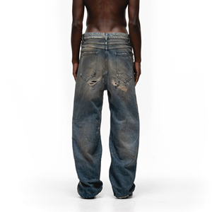 OEM <strong>Mens</strong> High Level <strong>Jeans</strong> 5-Pocket Style Button Fly Sun-Fade Dirty Wash Repaired <strong>Workers</strong> <strong>Jeans</strong> denim wholesale - Product Image 3