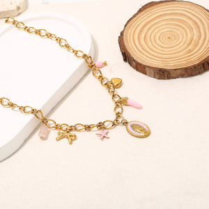 Collier en acier inoxydable plaqué or pour femme décoré <span class=keywords><strong>de</strong></span> breloques roses comme un cœur d'étoile <span class=keywords><strong>de</strong></span> mer et une Vierge <span class=keywords><strong>Marie</strong></span> - Product Image 6