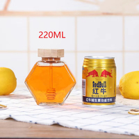 하이 퀄리티 육각 투명 유리 꿀 항아리 100ml/220ml/380ml 저장 병 대나무 커버 펌프 분무기 교반로드