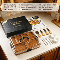 Plateau de service portable pour camping, plateau de fête de Noël, planche à fromage et charcuterie en bois de bambou avec couvercle, ensemble de couteaux et bols