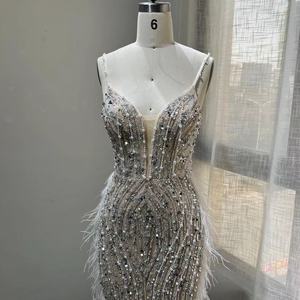 Vestidos de noche de plumas con cuentas y tirantes finos de sirena desnuda blanca, vestidos de graduación 2024 para mujer, fiesta de boda - Product Image 5