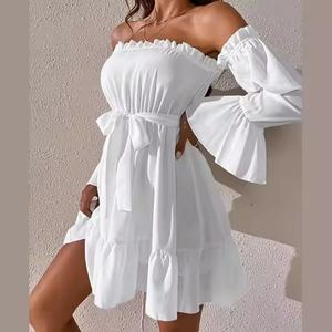 เดรสฤดูร้อนลดราคาสุดฮอตสำหรับผู้หญิง ดีไซน์เซ็กซี่น่ารัก คอปาด/เปิดไหล่ข้างเดียว ผ้าฝ้าย ชุดมินิเดรสชายหาดสำหรับสุภาพสตรี - Product Image 4