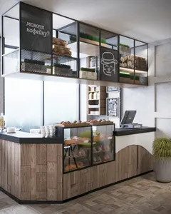 咖啡店用品3D渲染室内设计图发光二极管灯自助咖啡柜台展示