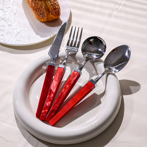 <b>Acrylic</b> Cutlery Set Stainless Steel Red Handle Soup Spoon Dessert Fork Butter Knife Simple Style Kitchen Utensils - Product Image 2