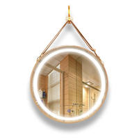 Miroir suspendu rond à LED avec cadre en or rose, miroir de vanité suspendu avec sangle en cuir, vente en gros
