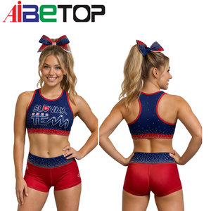 Ensembles d'entraînement de cheerleading personnalisés rouge et bleu avec strass, soutien-gorge de sport et short, performance optimale, faible MOQ, directement de l'usine - Product Image 1
