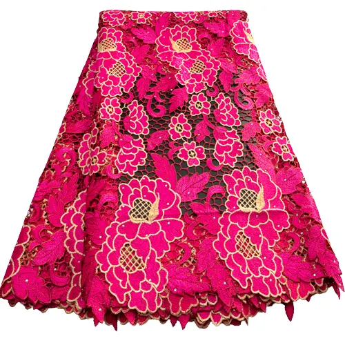 3479ローズレッド送料無料ソフトアフリカンギピュールコードレース生地フラワークラシック刺Embroidery水溶性女性用ドレス