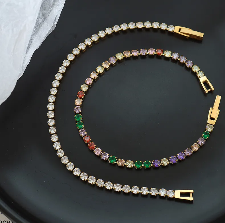 Multi colored zircon stones inlaid crystal luxury diamonds thin tennis chain bangle bracelet for woman jewelry gift