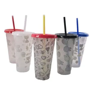24oz Color Changing Cold Drink Cup Café Reutilizável Tumblers Plásticos Com Tampa E Palha