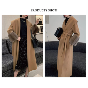 Zola Women's Winter Long Cashmere <strong>Coat</strong> Fur Trim Handmade ODM Service Casual Vintage Style V-neck Belt Closure Woolen Fabric 2kg - Product Image 2