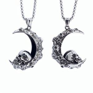 Wholesale Stainless Steel Vintage Gothic Necklace Moon Skull Biker Personalized Skull Casting Mens Pendant - Product Image 1