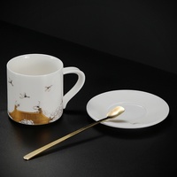 Ensemble tasse et soucoupe en céramique de style chinois avec motif de grue dorée, tasse blanche avec cuillère dorée pour le thé