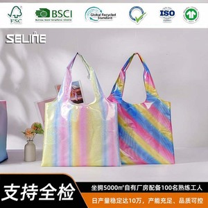 Colorful Striped Polyester Shopping Bag Large Capacity Eco Friendly Tote Portable Foldable Grocery Bag Vertical Medium Size - Product Image 2