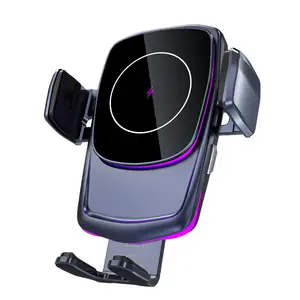 Lámpara de ambiente púrpura QI 10W Sensor automático Cargador de coche inalámbrico 15W Carga rápida inalámbrica Soporte para teléfono para coche Salida de aire