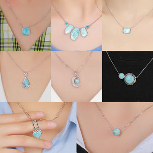 Collares de Larimar <span class=keywords><strong>Natural</strong></span> de plata 925 hechos a mano, colgantes esculpidos a mano con venas oceánicas fluidas, cadenas finas - Product Image 2