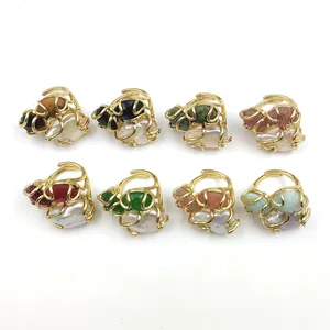 Wholesale Bulk Vintage Gold Plated Colorful Gemstone Pearl Ring Multi Crystal Amazonite Black Obsidian Adjustable Ring For Women