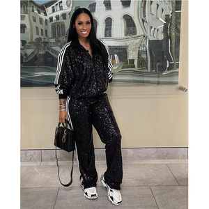 Chándales modestos de alta calidad con cremallera para <span class=keywords><strong>mujer</strong></span>, conjunto de dos piezas de plata con lentejuelas, conjunto de joggers acampanados informales para <span class=keywords><strong>mujer</strong></span>, conjunto de talla grande para <span class=keywords><strong>mujer</strong></span> - Product Image 2