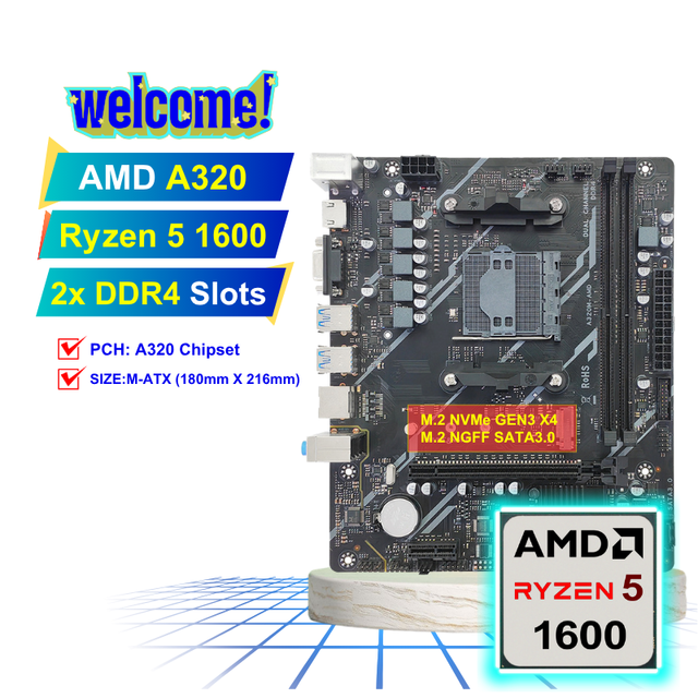 PANDL New A320 AM4 Mainboard 2X DDR4 Slots M2 GEN3 X4 SATA3.0 SSD USB3.0 PCIe3.0X16 with AMD Ryzen 5 1600 A320 Motherboard