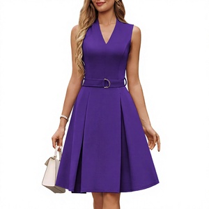 Robe de bureau élégante pour femme, violette, col en V, sans manches, coupe trapèze, avec ceinture, longueur mi-mollet, en satin tricoté uni, respirante, pour l'été - Product Image 4