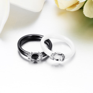 Bague en céramique 4 mm, forme géométrique noire et blanche, sertie de diamants, pour femme, bijoux cadeau - Product Image 3