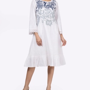 Vestido Midi de Verano Personalizable de Algodón y Lino con Cuello Redondo, Estilo Casual, Línea A, Manga Larga y Bordado para Mujer - Product Image 5