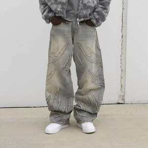 Jeans en coton de haute qualité avec logo personnalisé, design Y2K, broderie chenille, patch, pantalon en jean vintage délavé, jeans skinny déchirés pour hommes - Product Image 2