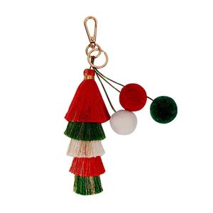 Gantungan Kunci Rumbai Bertingkat Desain Bentuk Pohon Natal Merah Hijau Emas Berkilau Benang Metalik Tali Kepang Label Kayu Pom Pom Hadiah - Product Image 6