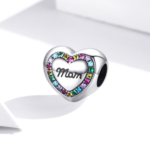 Breloque en forme de cœur avec cristaux colorés, pendentif en alliage plaqué argent gravé « Mom » pour cadeau unisexe - Product Image 4