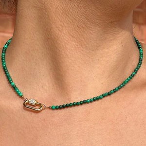 Dainty Malachite Stone Beaded Necklace Gold Charm Carabiner Choker Necklace Women <strong>Jewelry</strong> - Product Image 2