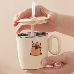 Mini tasse à eau pour enfant avec poignée, portable, à double paroi isolée, en acier inoxydable 304, motif Capybara, thermos - Product Image 2