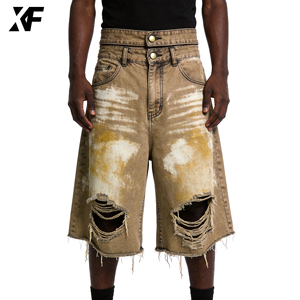 XUFEI Diseño Personalizado OEM Pantalones Cortos de Mezclilla para Hombre, de Doble Cintura, Lavados, Rotos, con Bajo sin Rematar, Estilo Vintage Desgastado, 100% Algodón, Holgados - Product Image 1