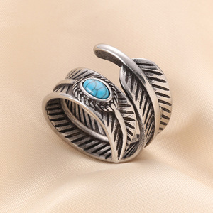 Vintage Feather <b>Ring</b> With <b>Turquoise</b> Inlay For Women Steel Gold 23mm Jewelry Gift - Product Image 3