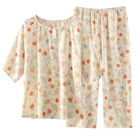 Sweethoney – ensemble pyjama d'été respirant pour femmes, motif floral, en fil de coton, manches courtes, pantalon court, col fin, coupe ample