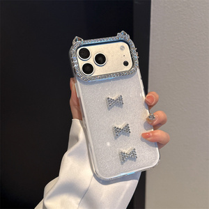 เคสโทรศัพท์มือถือลายการ์ตูนโบว์วิบวับสำหรับ iPhone 17 Air 16 15 14 Pro Max น่ารัก พร้อมกรอบกล้องรูปหูแมว KT ประดับเพชร ฝาหลังน่ารัก - Product Image 2