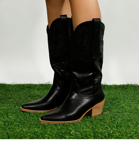 รองเท้าบูทแบบตะวันตกมีส้นหนาสำหรับผู้หญิง, รองเท้าบูทคาวบอยแฟชั่นสีขาวสำหรับผู้หญิงรองเท้าบูทหนัง PU หัวรองเท้าคุณภาพดี - Product Image 3