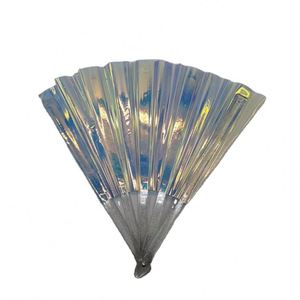 New Arrival High Quality Durable Custom Printed Cool Iridescent Reflective Neon Plastic Rib PVC Large <b>Hand</b> <b>Fan</b> Purple - Product Image 4