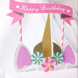 DIY गेंडा सींग खुश जन्मदिन का केक अव्वल बैनर किट के लिए बच्चों के जन्मदिन की पार्टी सजावट गेंडा चमक केक अव्वल