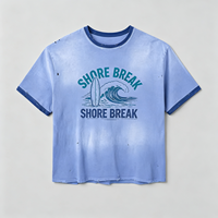 T-shirt Ringer Vintage Homme en Coton Épais Délavé au Soleil, Effet Usé, Motif Surf, Coupe Oversize, Manches Courtes