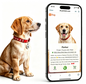<span class=keywords><strong>Collier</strong></span> d'<span class=keywords><strong>identification</strong></span> de luxe écologique en métal anti-perte avec code NFC et QR pour animaux de compagnie (chat, <span class=keywords><strong>chien</strong></span>) – Porte-clés nominatif - Product Image 1