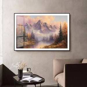 <span class=keywords><strong>Peinture</strong></span> de paysage de <span class=keywords><strong>montagne</strong></span> avec coucher de soleil doré sur <span class=keywords><strong>lac</strong></span> : Décoration rustique pour cabane - Product Image 5