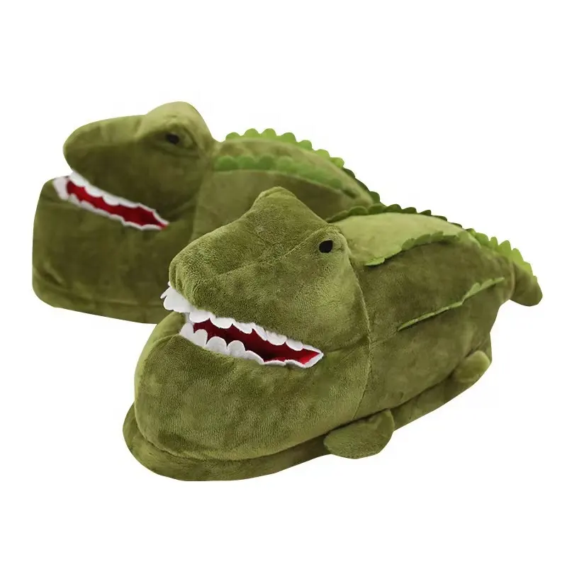 Vente en gros de pantoufles pelucheuses en forme d'animaux, pantoufles chaudes de dinosaures pour garçons, chaussures mignonnes de dessin animé pour l'intérieur