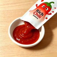 Petits sachets de sauce chili tomate, emballages laminés, qualité alimentaire, pochettes à trois soudures avec encoche de déchirement