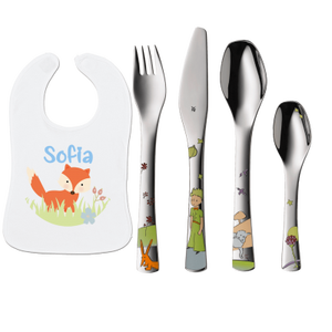 WMF Couverts Enfant Petit Prince avec Gravure (4 pièces) + Bavoir avec Nom - Product Image 1