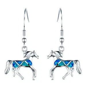 蓝色火蛋白石女士可爱马吊式耳环925银色垂坠耳环女动物饰品派对礼物