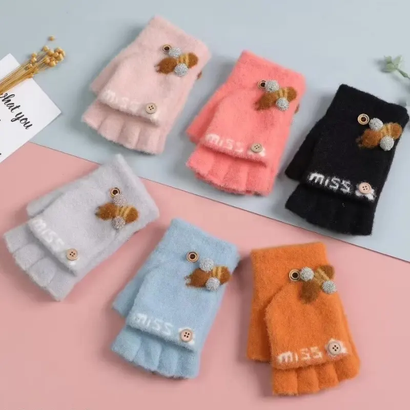 LIANSHOU fabbrica squisita Bee Jacquard caldi Touchscreen senza dita guanti invernali per le donne e guanti con copertura Flip maglia