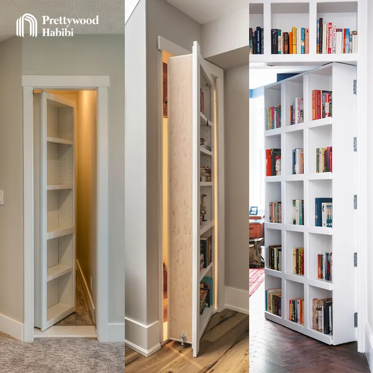 Prettywood Modern House Interior Door Design Invisible Secret Room Solid Wooden Book Shelves Door Hidden Bookcase Door