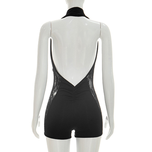 Viviblook J26RP157 Nouvelle Combinaison d'été pour femmes, sexy, couleur unie, col en V profond, patchwork, dentelle, combinaison décontractée pour femmes - Product Image 5