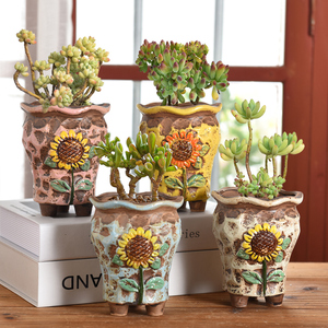 Macetas y macetas de cerámica envejecidas Antic personalizadas, girasol pintado a mano para cultivar suculentas de cola de burro Sedum - Product Image 1